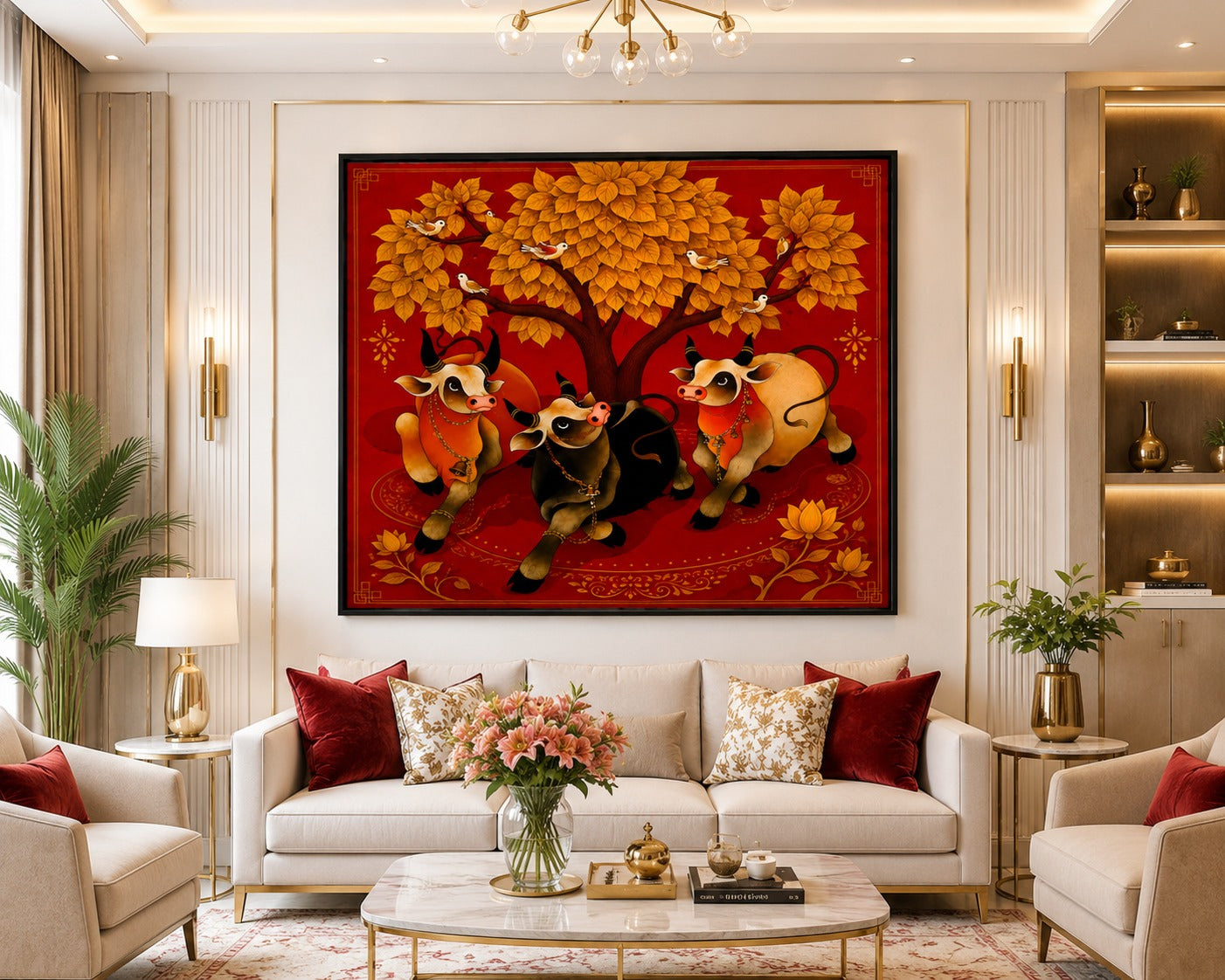 Enhance your home with this Sacred Kamdhenu Cow Family Canvas Painting. Premium red and gold Vastu wall art symbolizing prosperity, positivity, and abundance. Ready to hang.