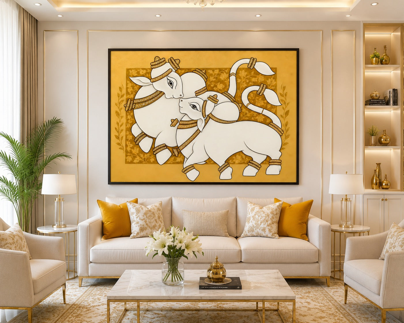 Add elegance and positivity to your home with this Traditional White Nandi Canvas Painting. Premium Indian folk art wall décor featuring a luxurious white and gold design, ready to hang.