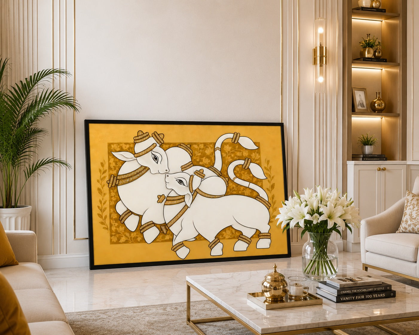 Add elegance and positivity to your home with this Traditional White Nandi Canvas Painting. Premium Indian folk art wall décor featuring a luxurious white and gold design, ready to hang.