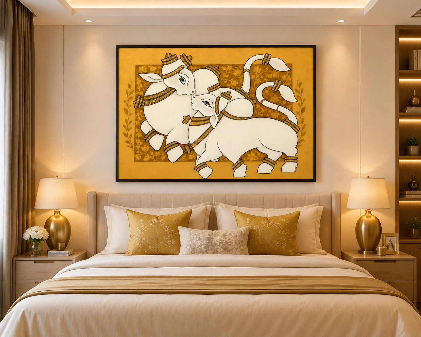 Add elegance and positivity to your home with this Traditional White Nandi Canvas Painting. Premium Indian folk art wall décor featuring a luxurious white and gold design, ready to hang.