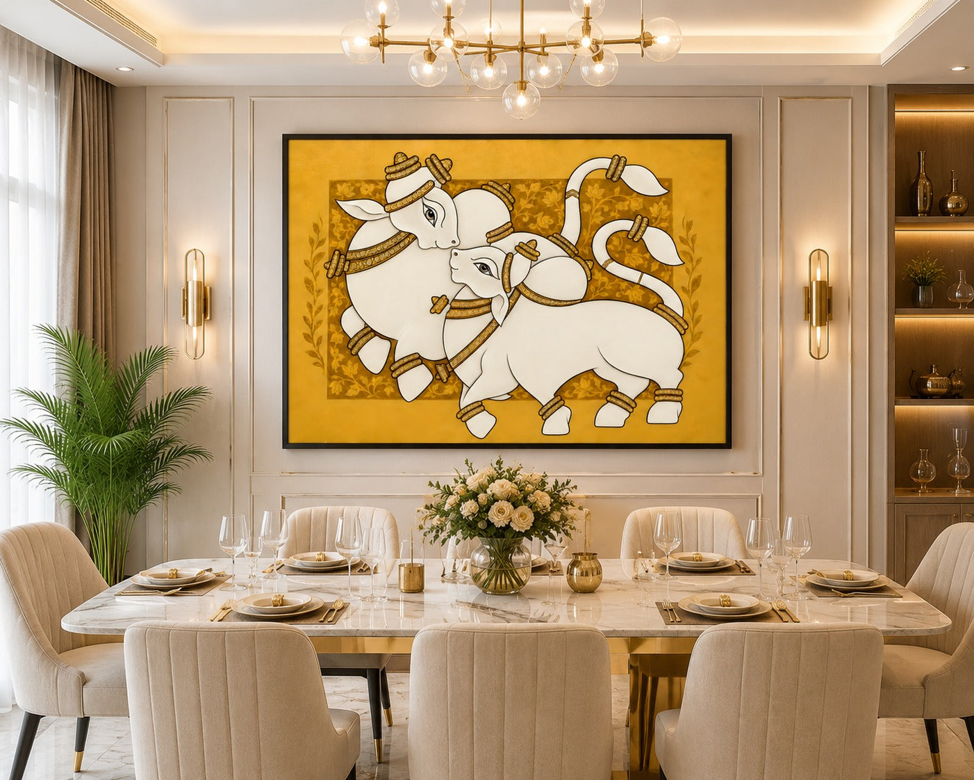 Add elegance and positivity to your home with this Traditional White Nandi Canvas Painting. Premium Indian folk art wall décor featuring a luxurious white and gold design, ready to hang.