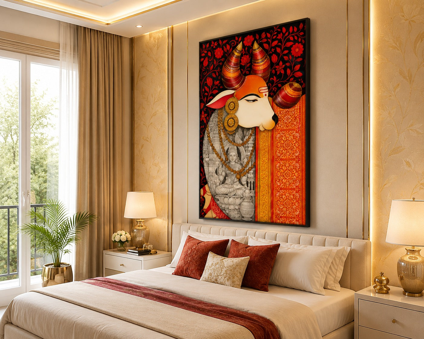 Sacred Kamdhenu Cow Canvas Painting with Goddess Lakshmi | Traditional Indian Wall Art | Premium Framed Canvas Print for Living Room, Bedroom & Pooja Room