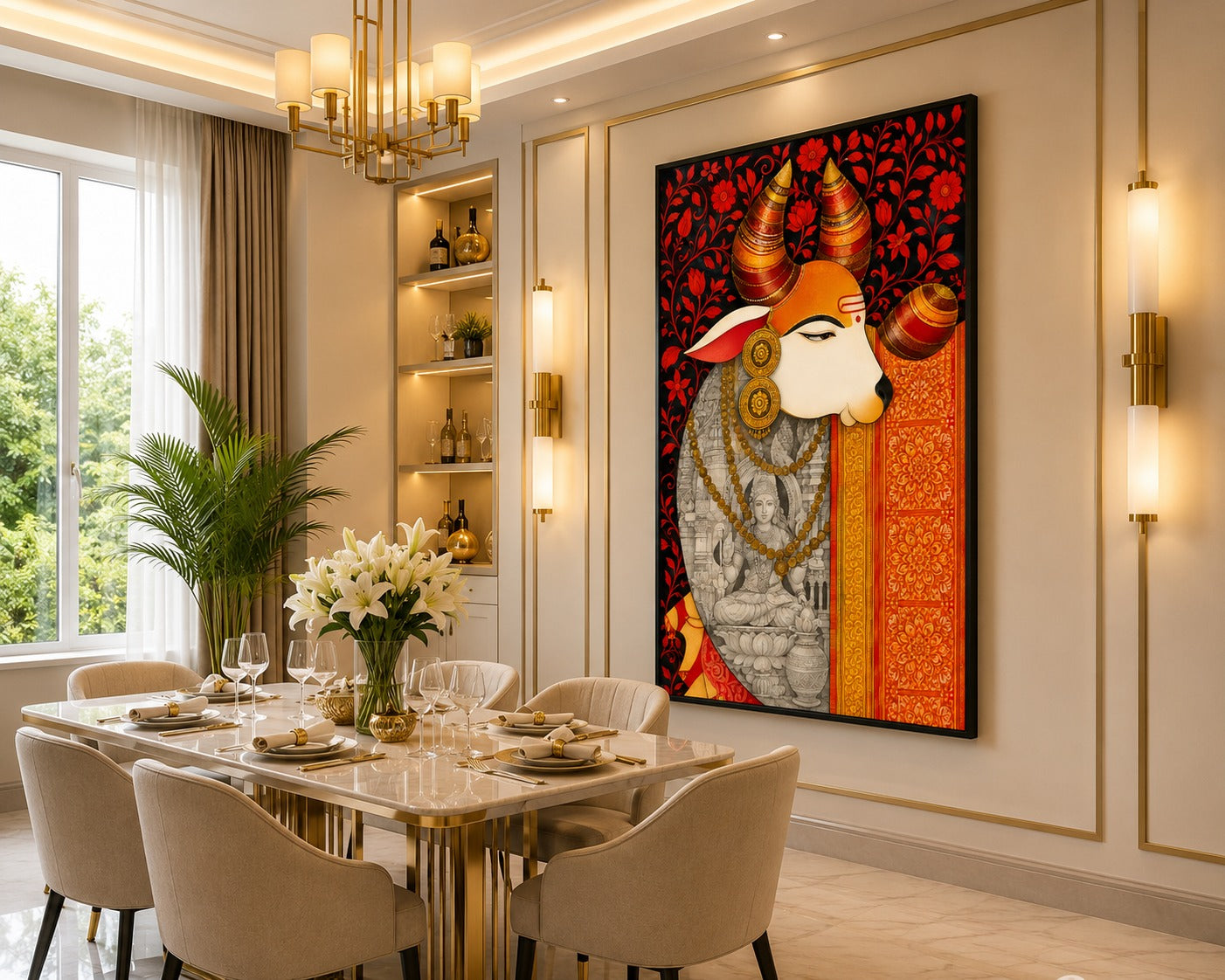Sacred Kamdhenu Cow Canvas Painting with Goddess Lakshmi | Traditional Indian Wall Art | Premium Framed Canvas Print for Living Room, Bedroom & Pooja Room