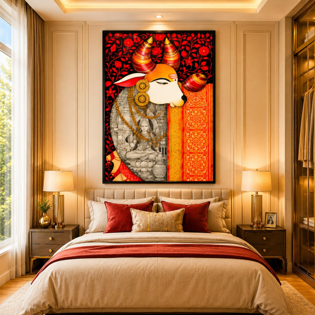 Sacred Kamdhenu Cow Canvas Painting with Goddess Lakshmi | Traditional Indian Wall Art | Premium Framed Canvas Print for Living Room, Bedroom & Pooja Room