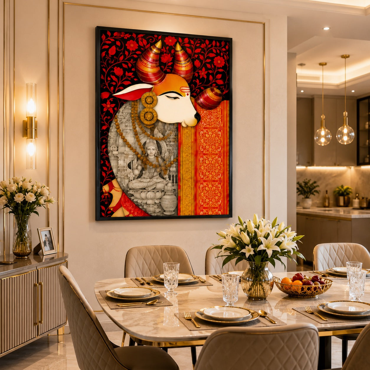 Sacred Kamdhenu Cow Canvas Painting with Goddess Lakshmi | Traditional Indian Wall Art | Premium Framed Canvas Print for Living Room, Bedroom & Pooja Room