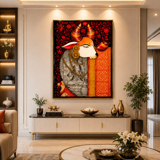 Sacred Kamdhenu Cow Canvas Painting with Goddess Lakshmi | Traditional Indian Wall Art | Premium Framed Canvas Print for Living Room, Bedroom & Pooja Room