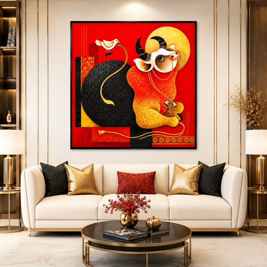 Sacred Cow Canvas Painting | Modern Indian Spiritual Wall Art | Red & Gold Contemporary Living Room Decor