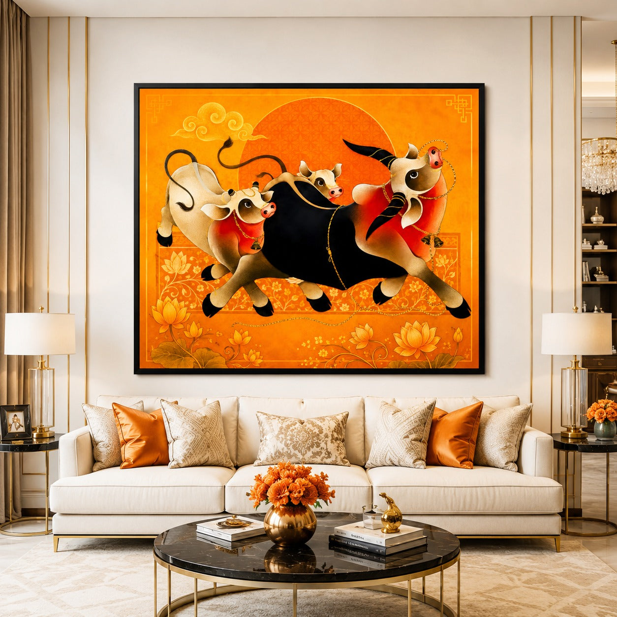 Premium canvas painting featuring three running sacred cows with lotus flowers in vibrant orange and gold tones, displayed in a luxury living room interior.