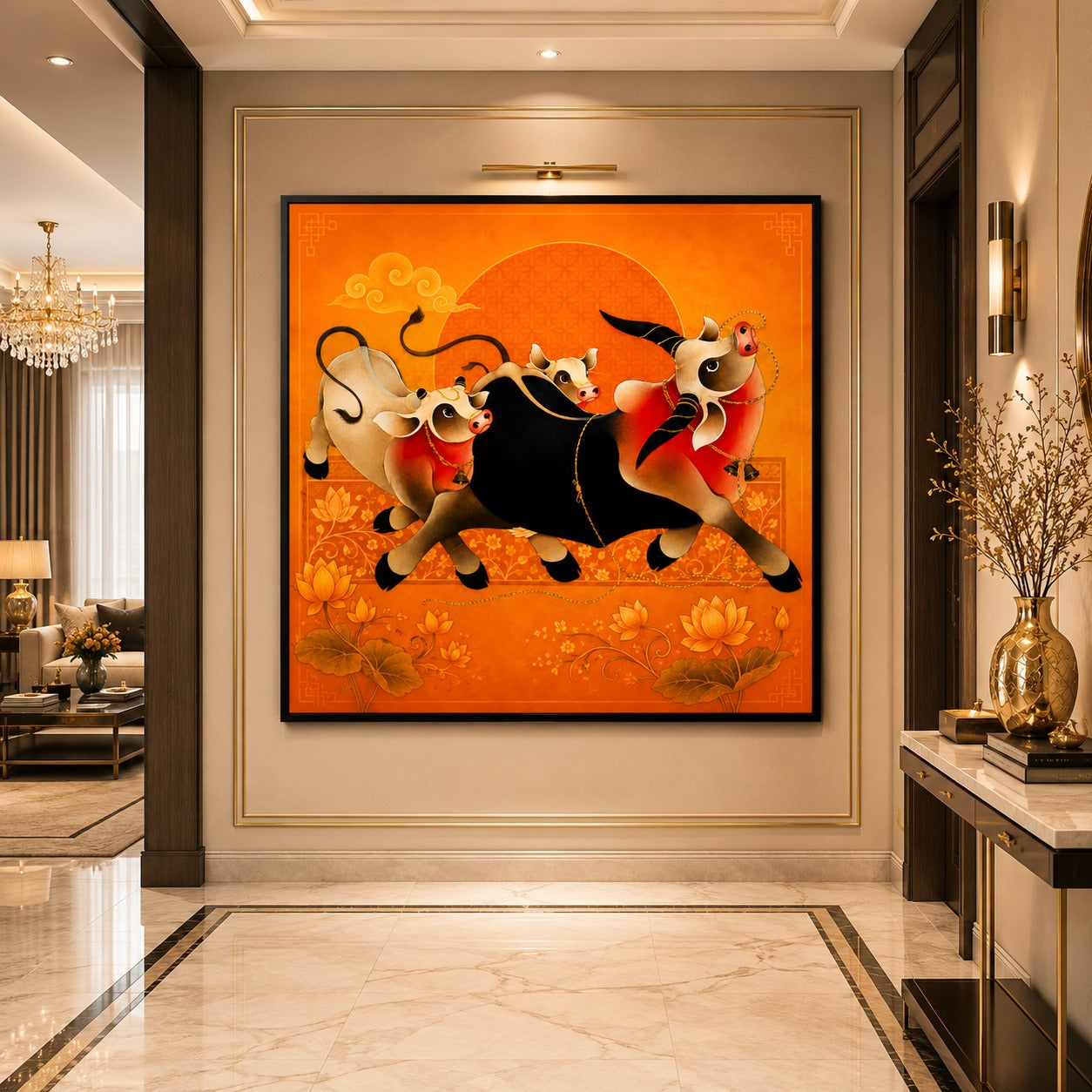 Running Sacred Cows Canvas Painting | Vastu Wall Art for Living Room | Premium Orange Spiritual Canvas Print