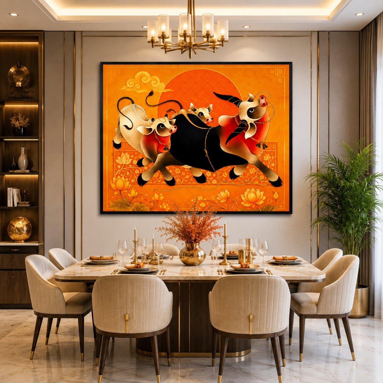 Running Sacred Cows Canvas Painting | Vastu Wall Art for Living Room | Premium Orange Spiritual Canvas Print