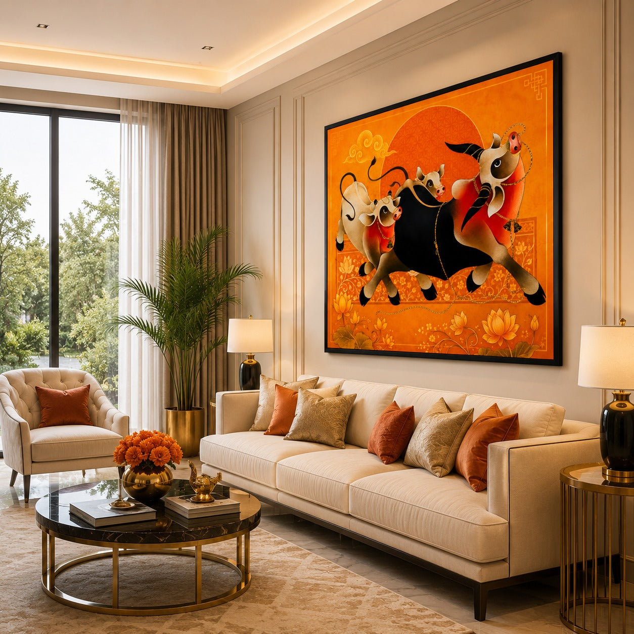 Running Sacred Cows Canvas Painting | Vastu Wall Art for Living Room | Premium Orange Spiritual Canvas Print