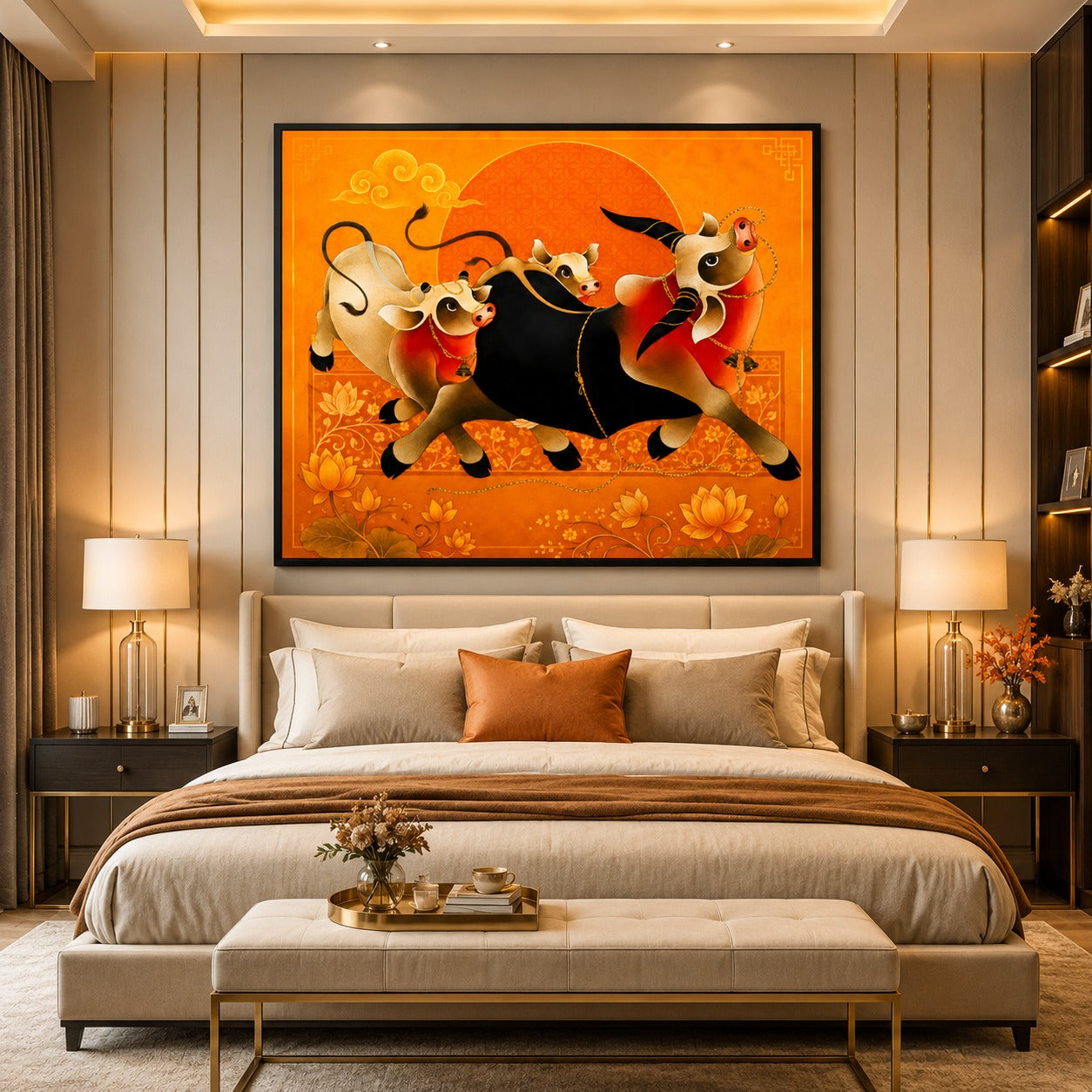 Running Sacred Cows Canvas Painting | Vastu Wall Art for Living Room | Premium Orange Spiritual Canvas Print