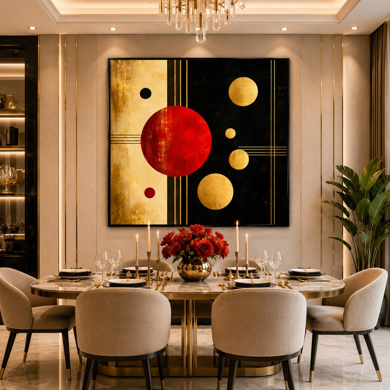 Modern Geometric Abstract Canvas Painting | Luxury Red Black Gold Wall Art | Contemporary Home Decor