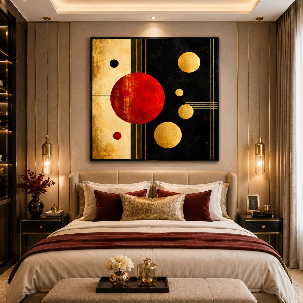 Modern Geometric Abstract Canvas Painting | Luxury Red Black Gold Wall Art | Contemporary Home Decor