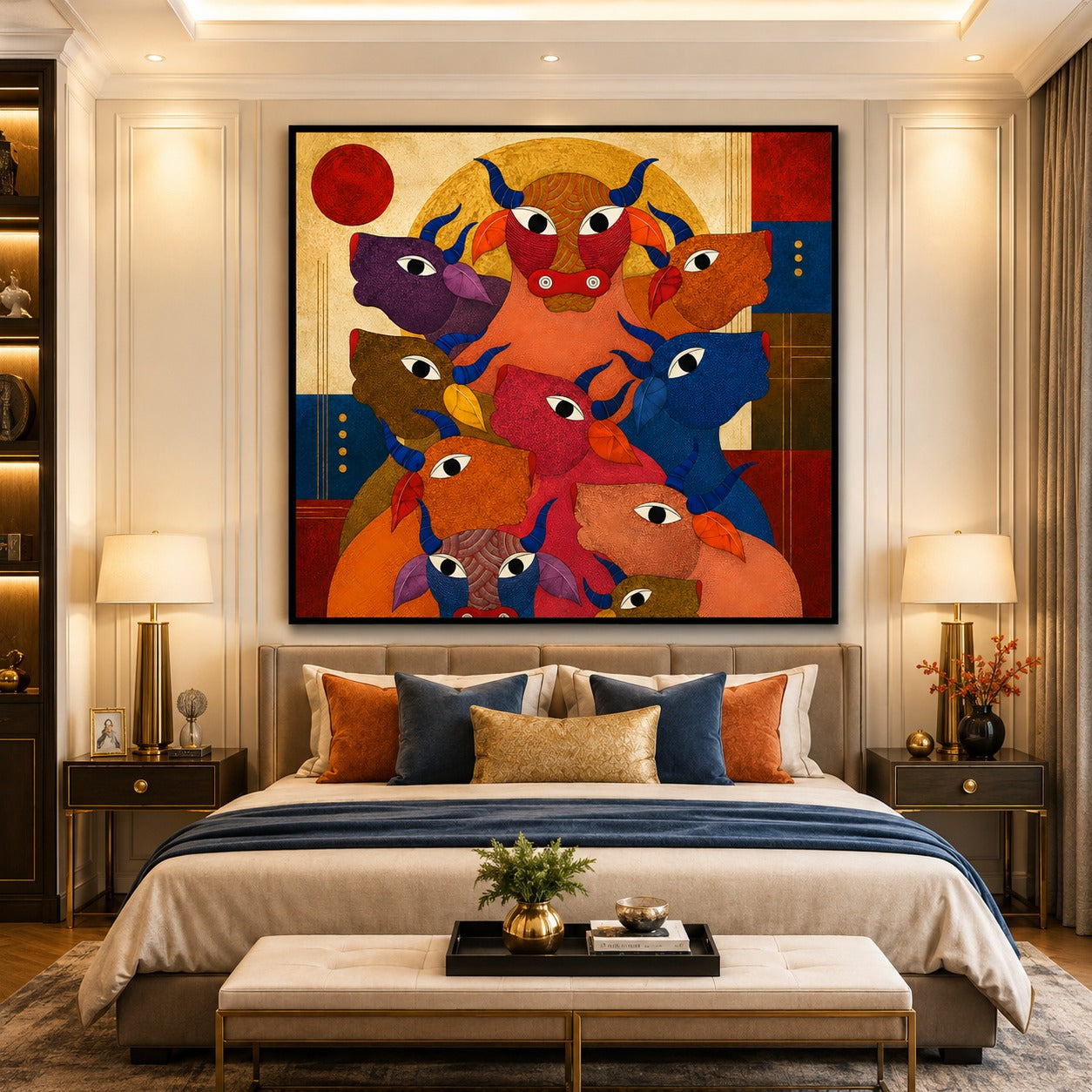 Abstract Colorful Bulls Canvas Painting | Modern Animal Wall Art | Contemporary Geometric Bull Artwork