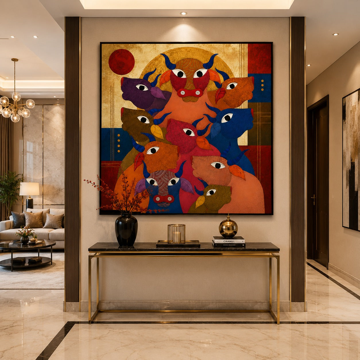 Abstract Colorful Bulls Canvas Painting | Modern Animal Wall Art | Contemporary Geometric Bull Artwork