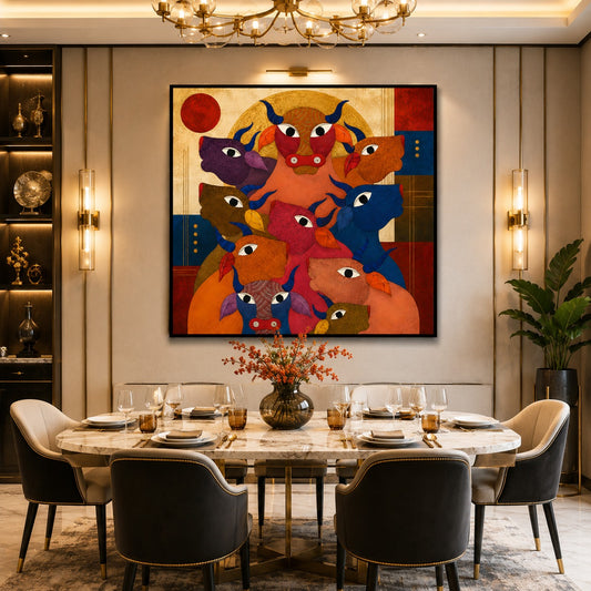 Colorful abstract bull canvas painting featuring multiple stylized bull faces in vibrant orange, blue, red, purple, and gold tones, displayed in a luxury hallway interior.