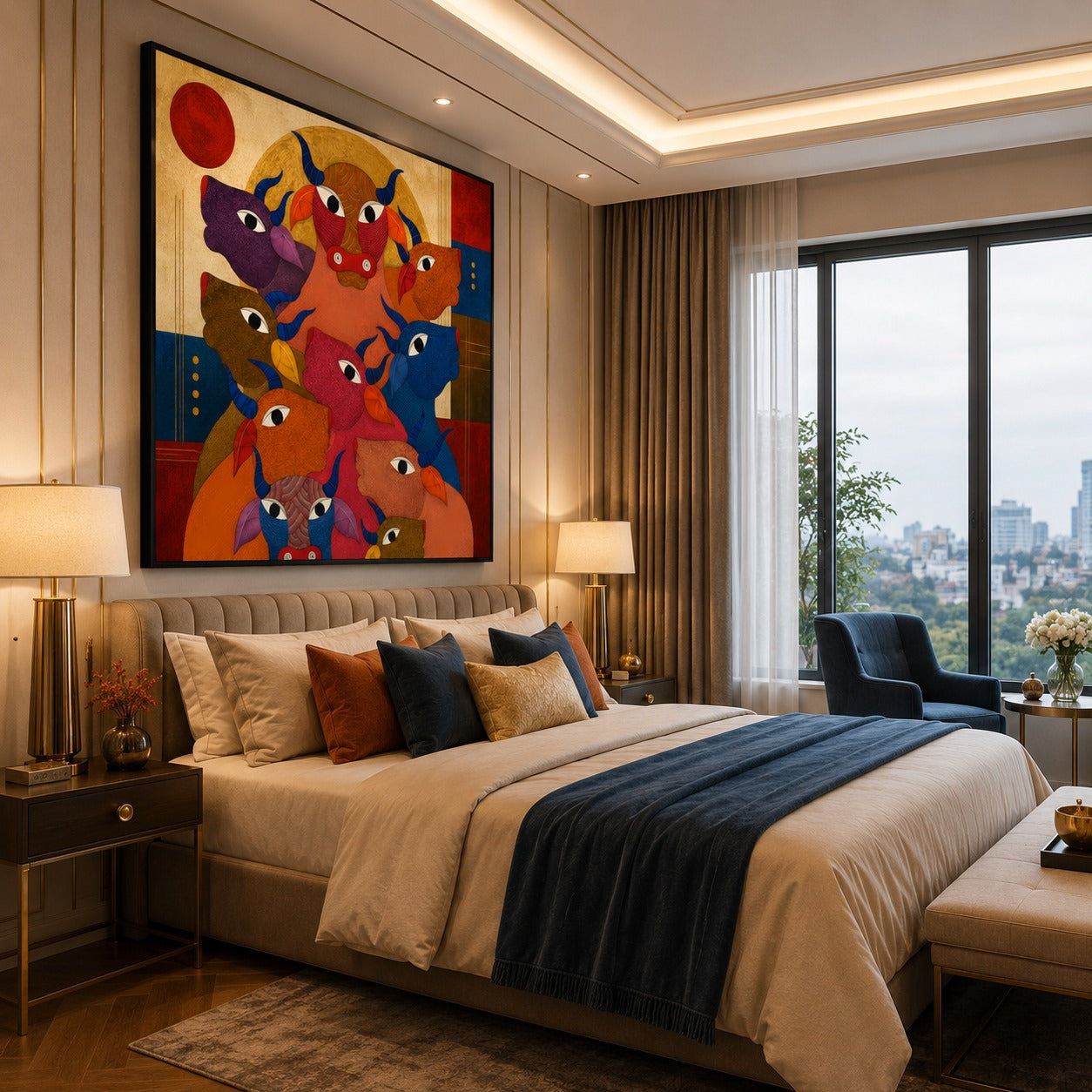 Abstract Colorful Bulls Canvas Painting | Modern Animal Wall Art | Contemporary Geometric Bull Artwork