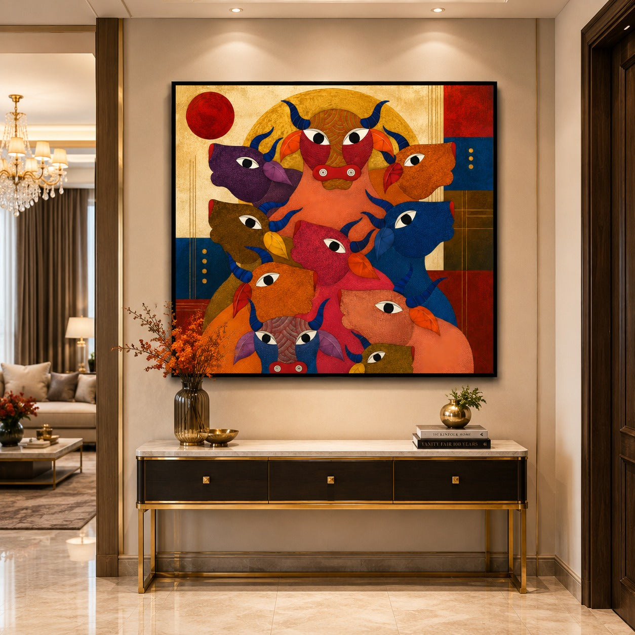 Abstract Colorful Bulls Canvas Painting | Modern Animal Wall Art | Contemporary Geometric Bull Artwork
