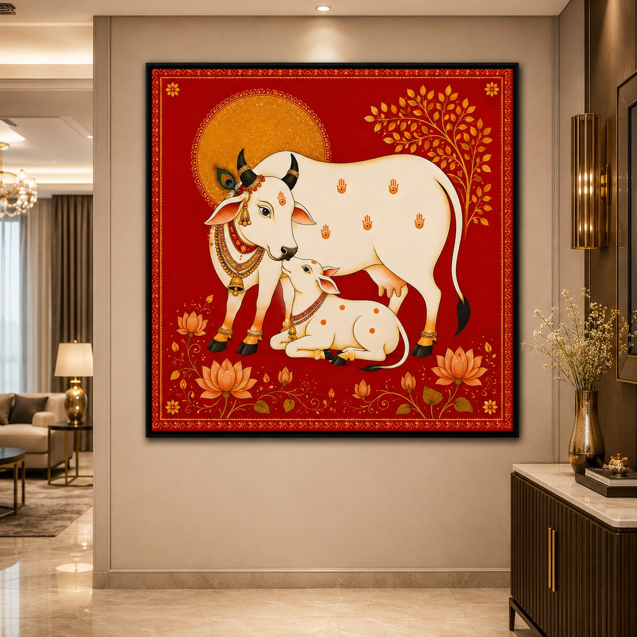 Sacred Kamdhenu cow and calf canvas painting with lotus flowers and traditional Indian motifs in vibrant red and gold tones, displayed in a luxury bedroom interior.