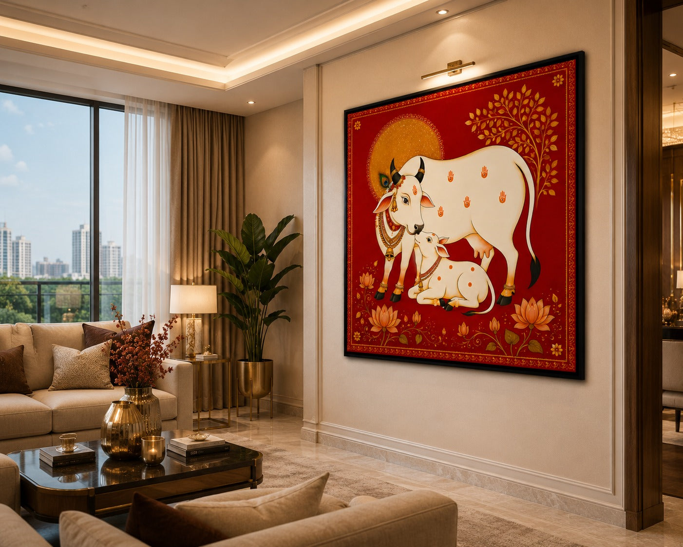 Kamdhenu Cow & Calf Canvas Painting | Sacred Vastu Wall Art | Premium Spiritual Red Canvas Print