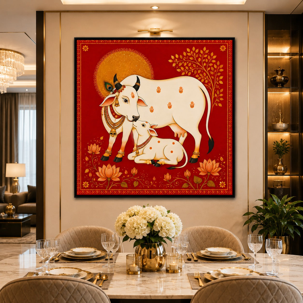 Kamdhenu Cow & Calf Canvas Painting | Sacred Vastu Wall Art | Premium Spiritual Red Canvas Print