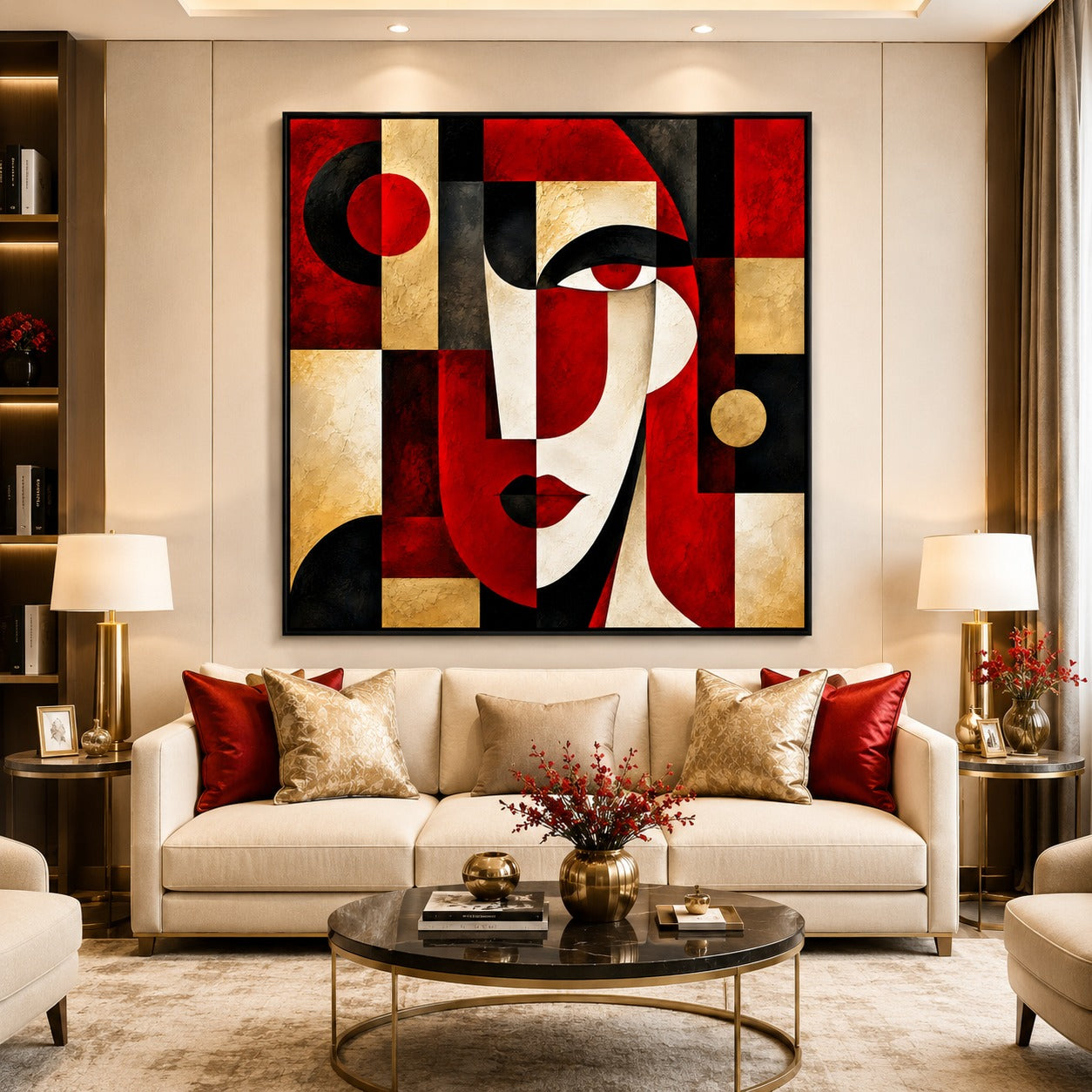Luxury abstract woman face canvas painting featuring geometric shapes in red, black, gold, and ivory tones, displayed in a modern living room interior.