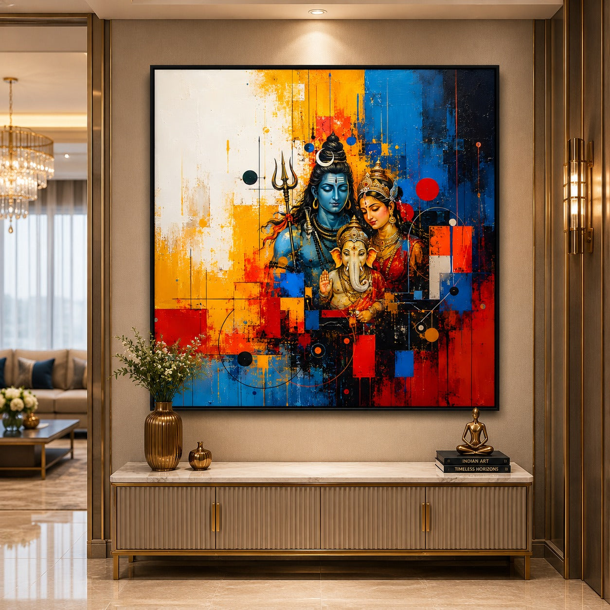 Shiv Parvati Ganesh Canvas Painting | Modern Divine Family Wall Art | Spiritual Abstract Canvas Print for Living Room