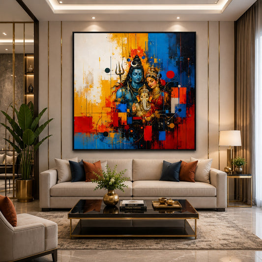 Modern abstract Shiva Parvati Ganesha canvas painting featuring vibrant blue, red, gold, and white colors displayed in a luxury hallway interior.