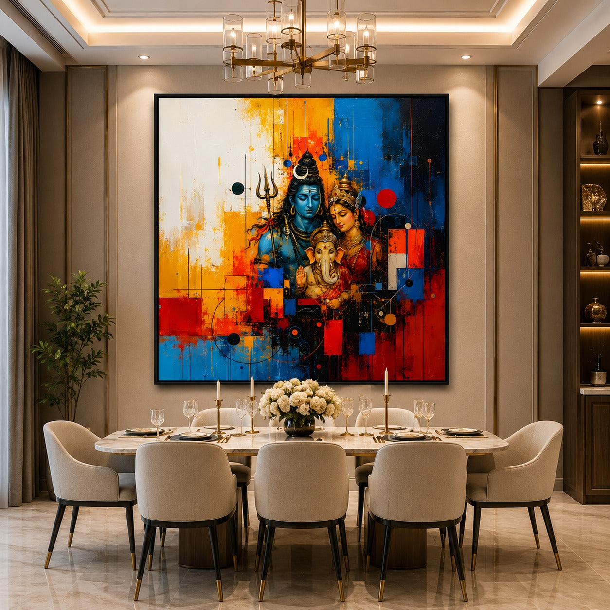 Shiv Parvati Ganesh Canvas Painting | Modern Divine Family Wall Art | Spiritual Abstract Canvas Print for Living Room