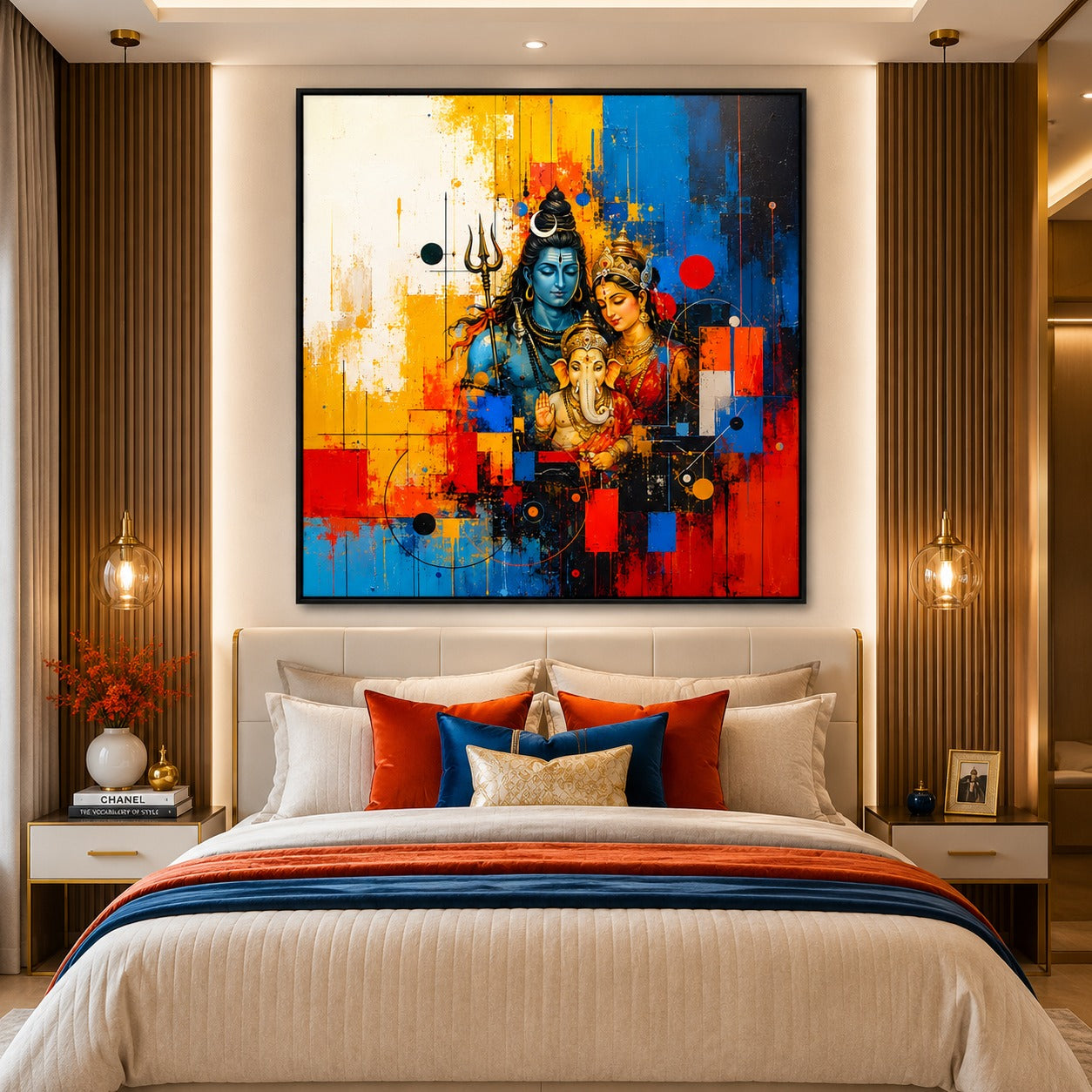 Shiv Parvati Ganesh Canvas Painting | Modern Divine Family Wall Art | Spiritual Abstract Canvas Print for Living Room