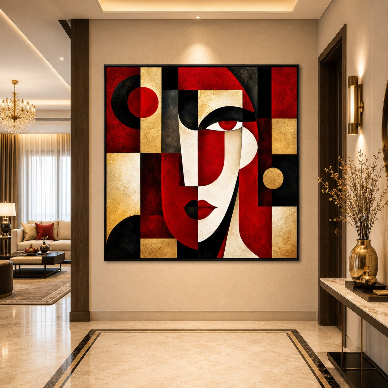 Abstract Woman Face Canvas Painting | Modern Geometric Portrait Wall Art | Luxury Red Black Gold Canvas Print