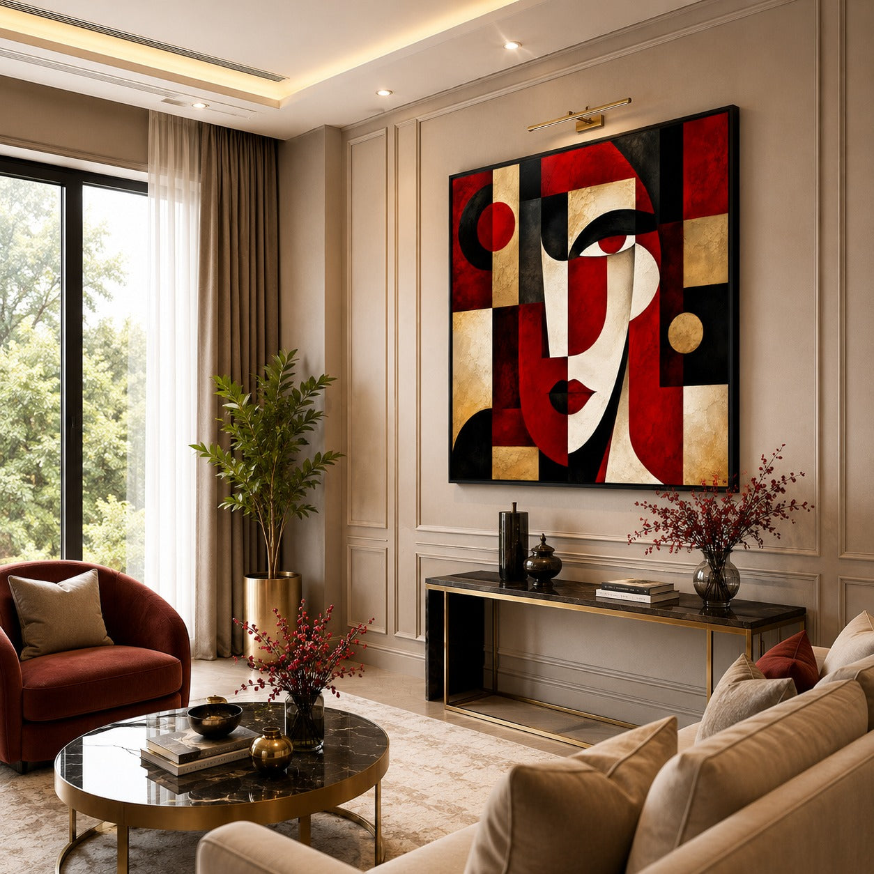 Abstract Woman Face Canvas Painting | Modern Geometric Portrait Wall Art | Luxury Red Black Gold Canvas Print