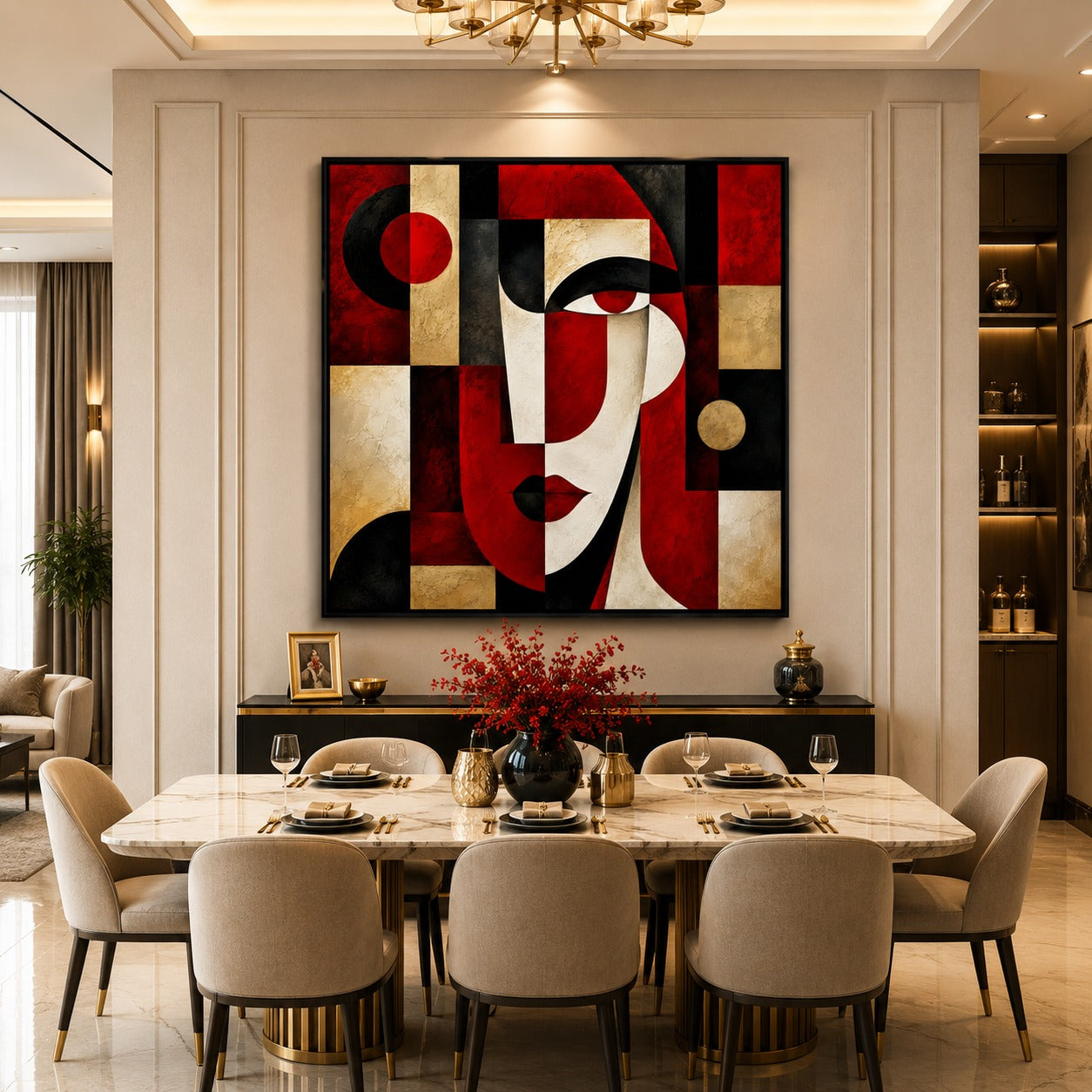 Abstract Woman Face Canvas Painting | Modern Geometric Portrait Wall Art | Luxury Red Black Gold Canvas Print