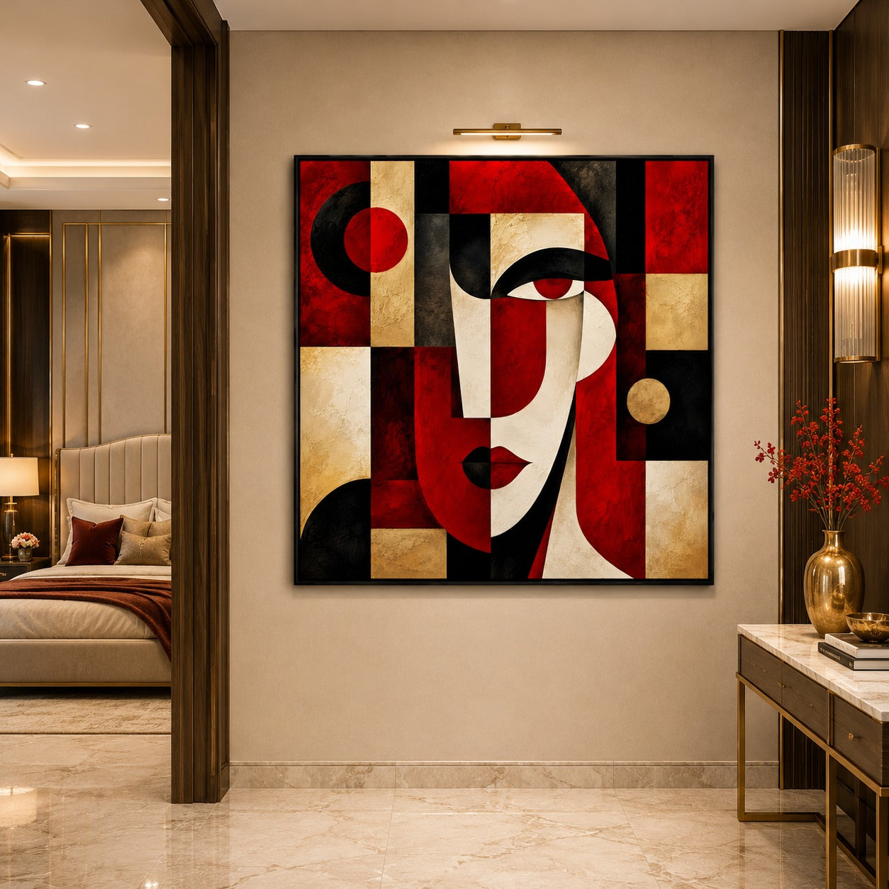 Abstract Woman Face Canvas Painting | Modern Geometric Portrait Wall Art | Luxury Red Black Gold Canvas Print