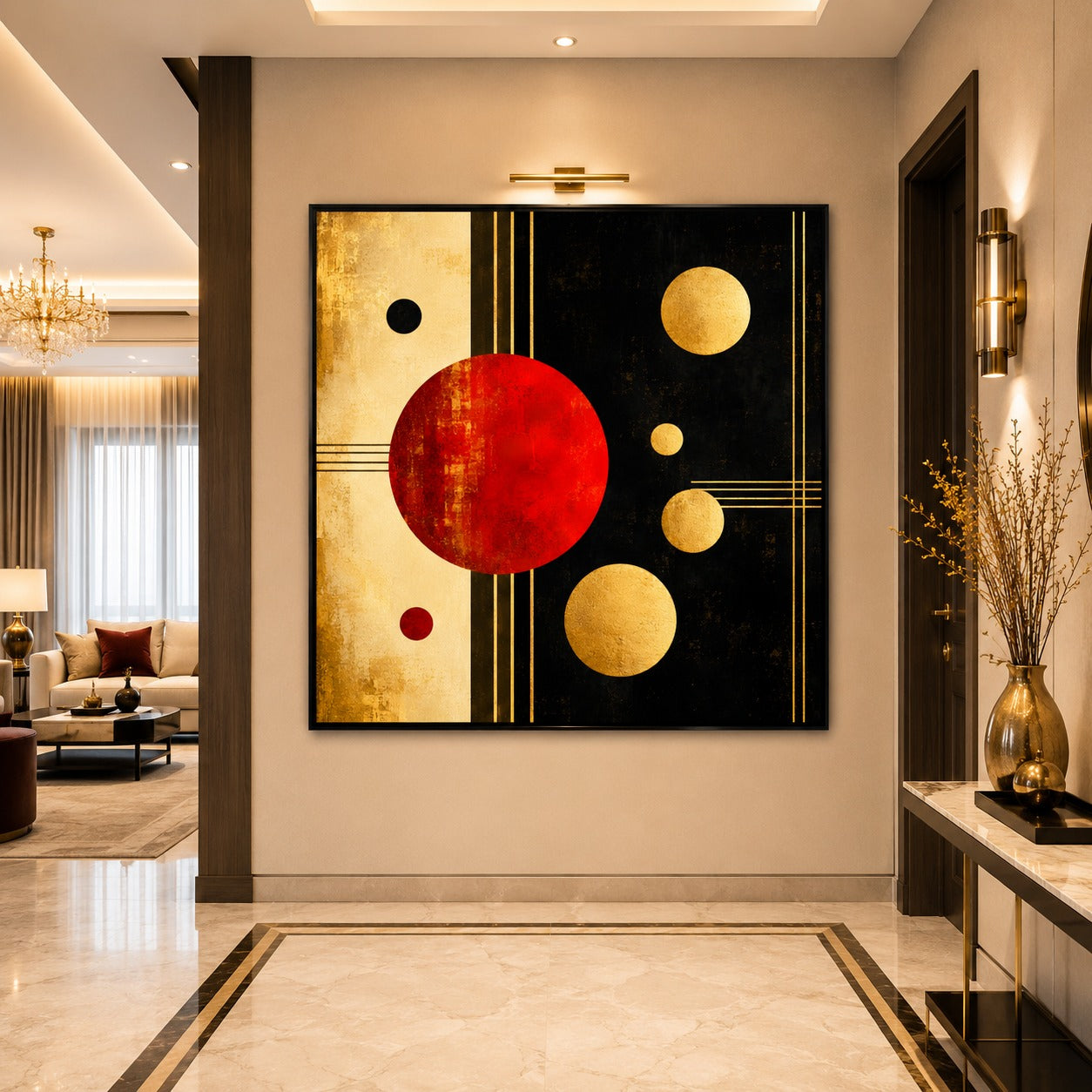 Modern Geometric Abstract Canvas Painting | Luxury Red Black Gold Wall Art | Contemporary Home Decor