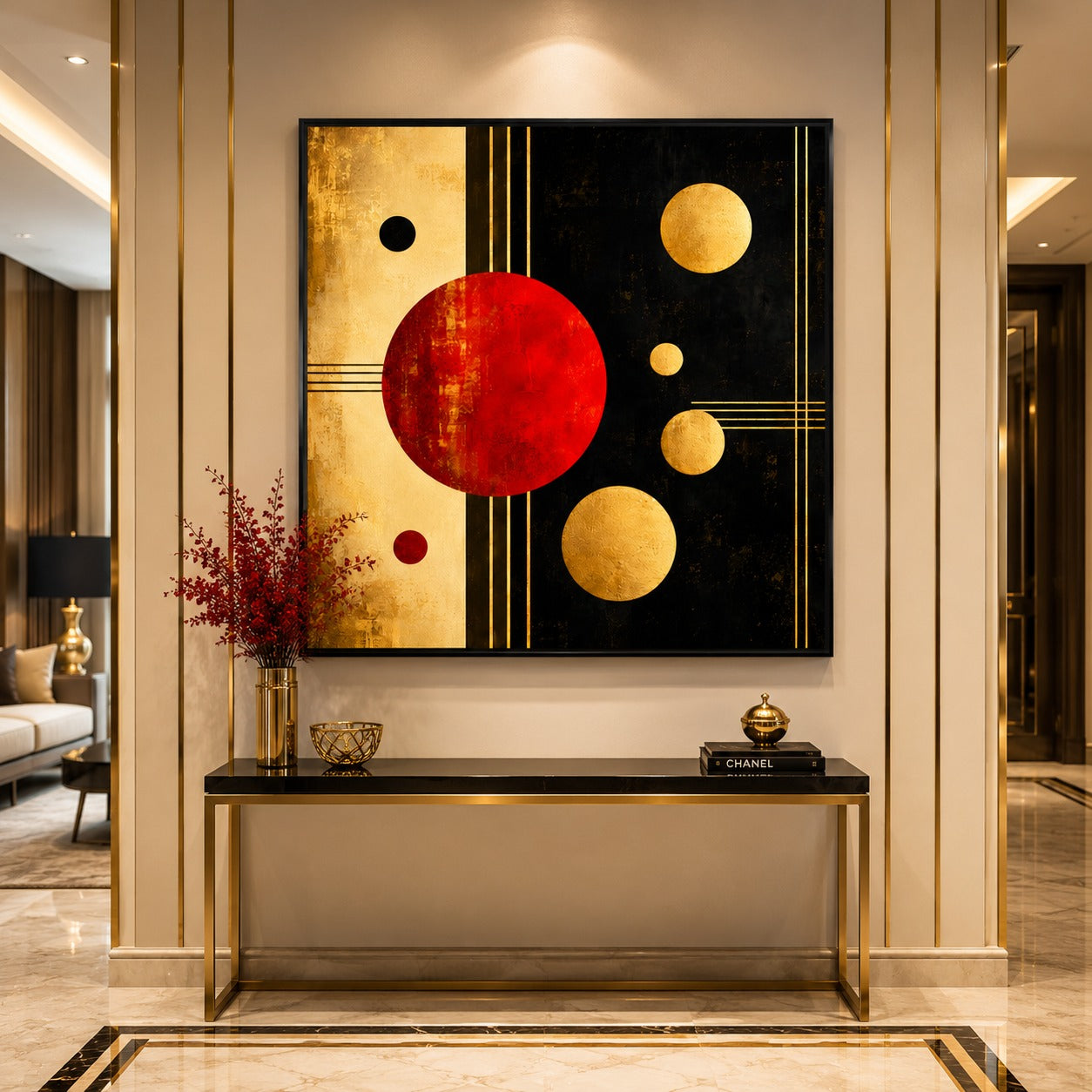 Modern geometric abstract canvas painting featuring bold red circles, gold accents, and black minimalist design elements displayed in a luxury contemporary interior.