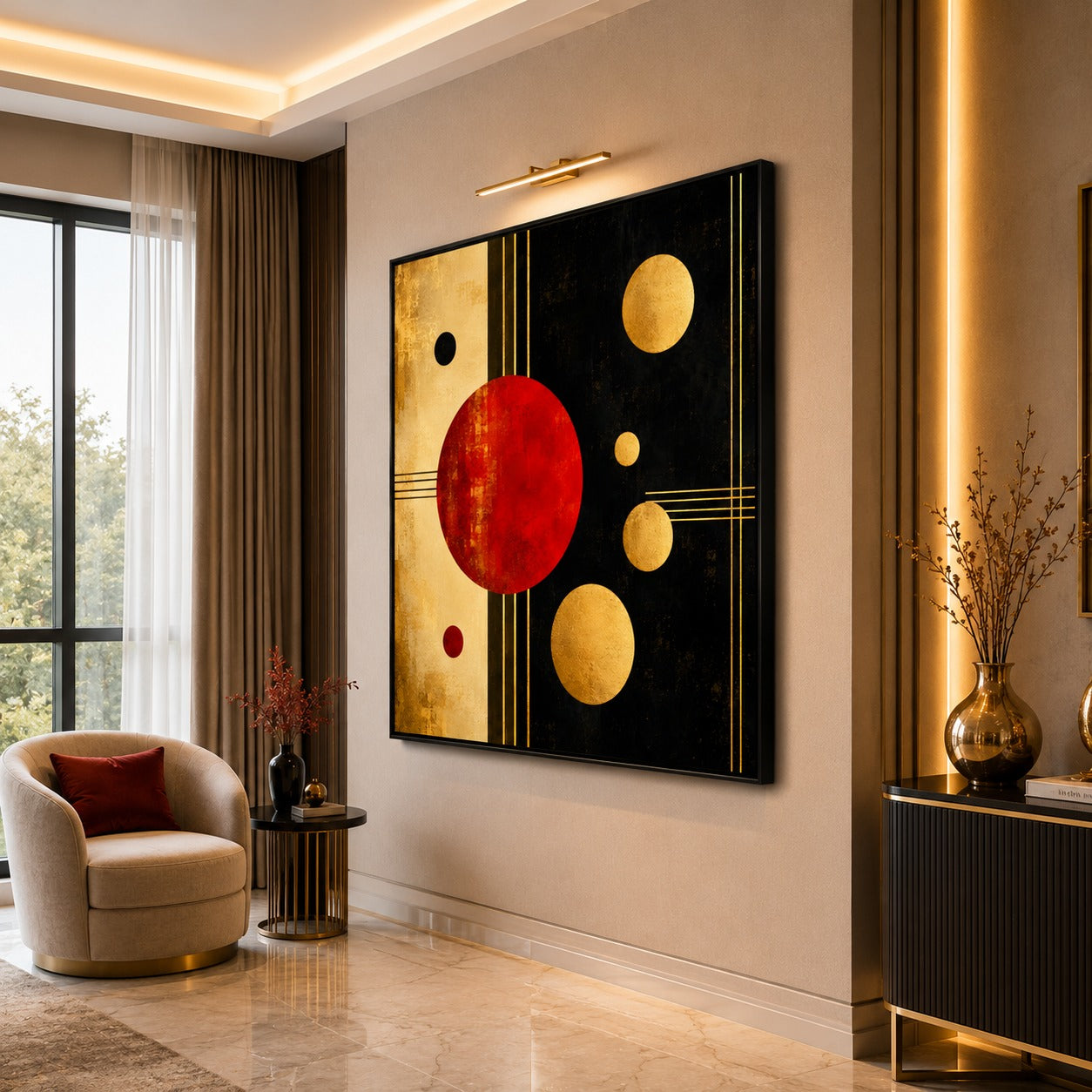 Modern Geometric Abstract Canvas Painting | Luxury Red Black Gold Wall Art | Contemporary Home Decor