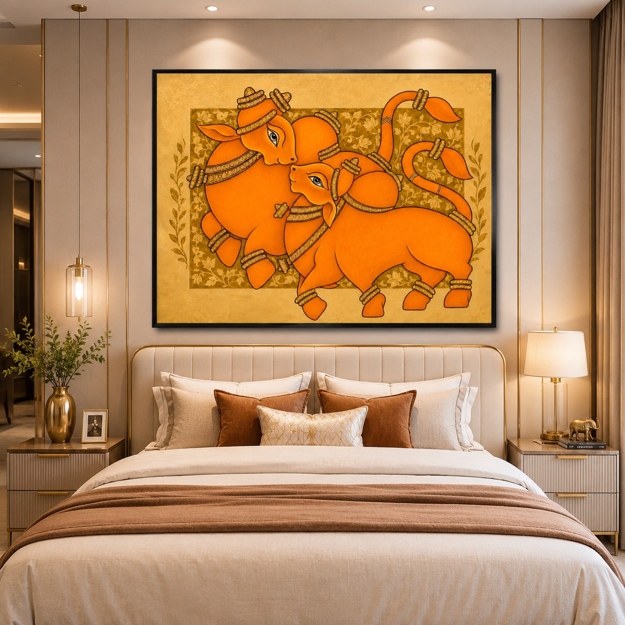 Mother & Calf Abstract Canvas Painting | Traditional Indian Animal Wall Art | Premium Orange Contemporary Decor