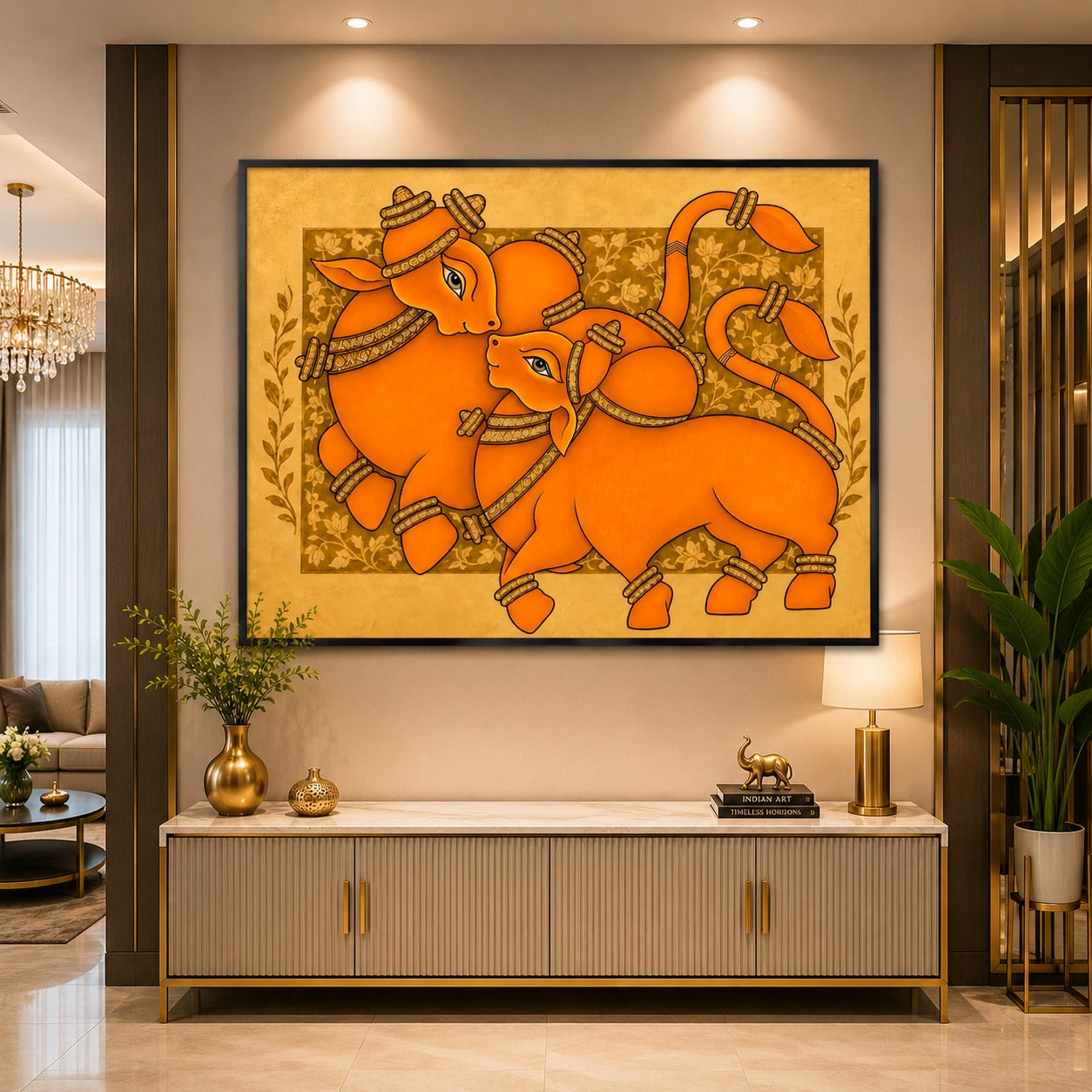 Traditional Indian folk art canvas painting featuring a mother cow and calf in warm orange and gold tones, displayed in a luxury modern hallway interior.