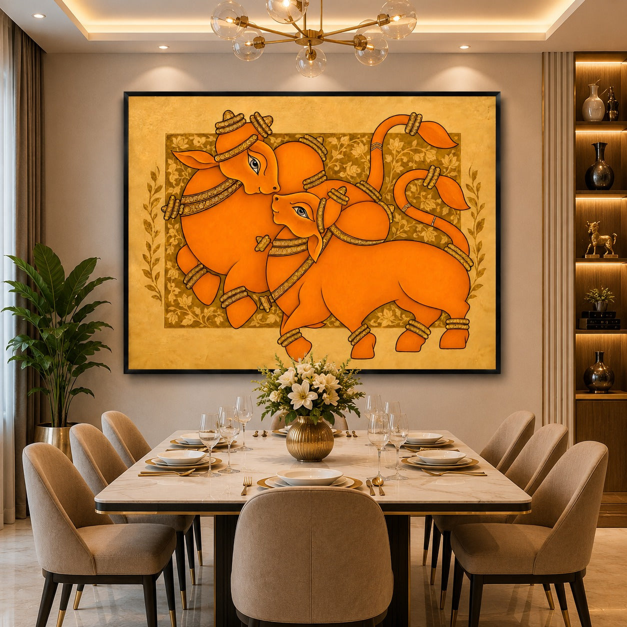 Mother & Calf Abstract Canvas Painting | Traditional Indian Animal Wall Art | Premium Orange Contemporary Decor
