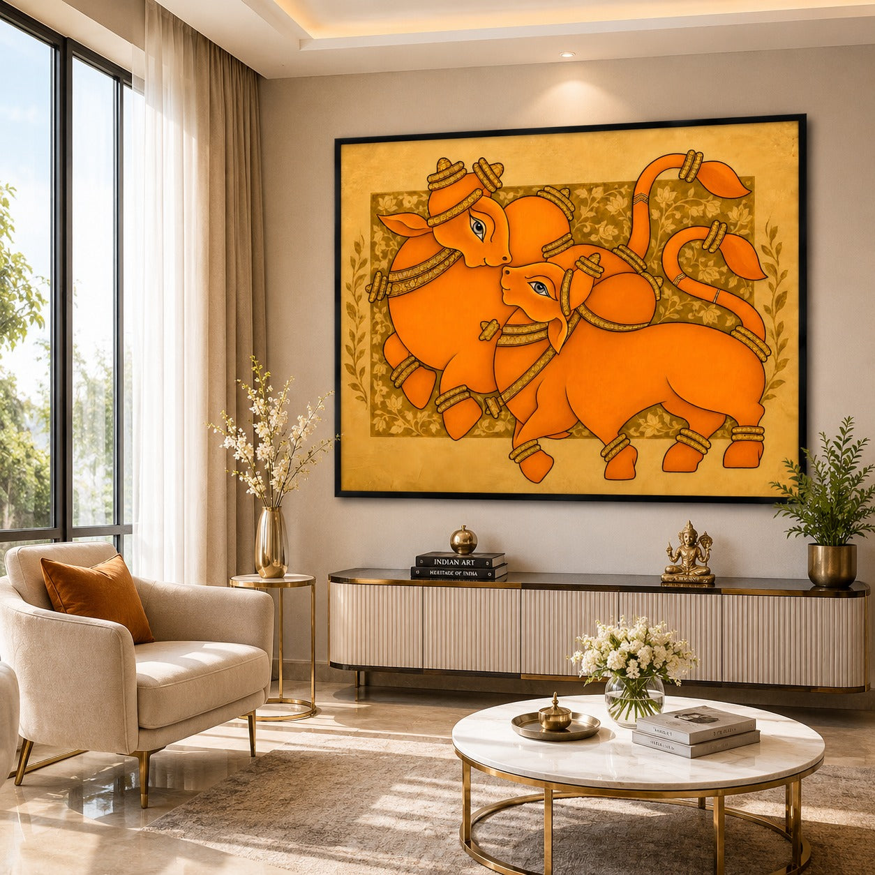 Mother & Calf Abstract Canvas Painting | Traditional Indian Animal Wall Art | Premium Orange Contemporary Decor