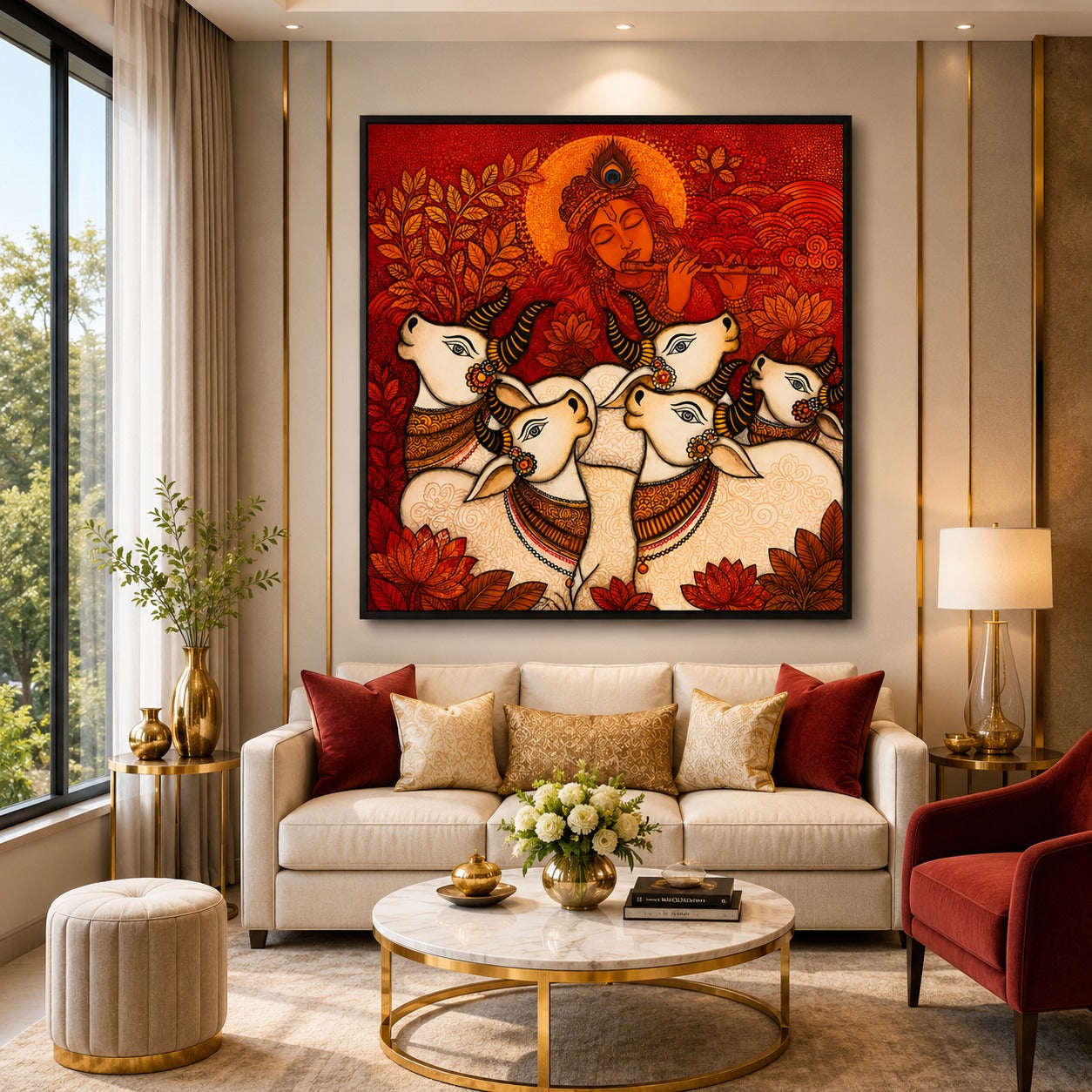 Lord Krishna playing flute with sacred cows canvas painting featuring rich red, orange, gold, and ivory tones, displayed in a luxury living room interior.