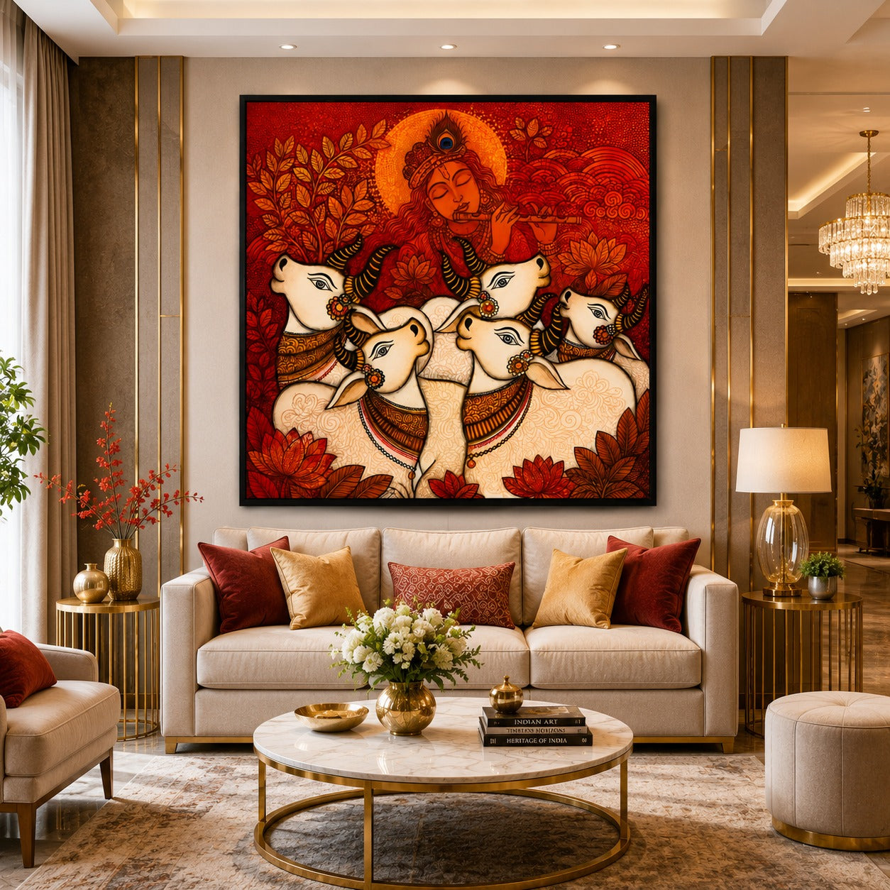 Lord Krishna with Sacred Cows Canvas Painting | Spiritual Wall Art | Premium Indian Devotional Canvas Print