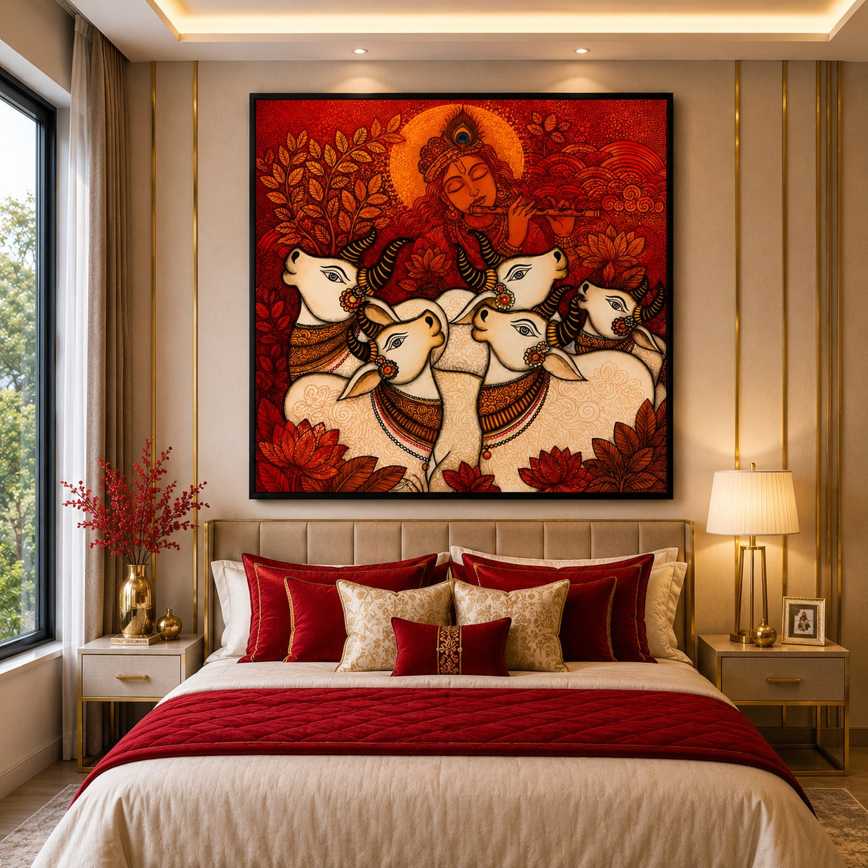 Lord Krishna with Sacred Cows Canvas Painting | Spiritual Wall Art | Premium Indian Devotional Canvas Print