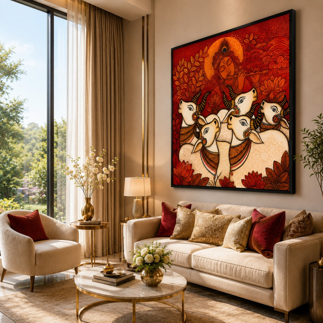 Lord Krishna with Sacred Cows Canvas Painting | Spiritual Wall Art | Premium Indian Devotional Canvas Print