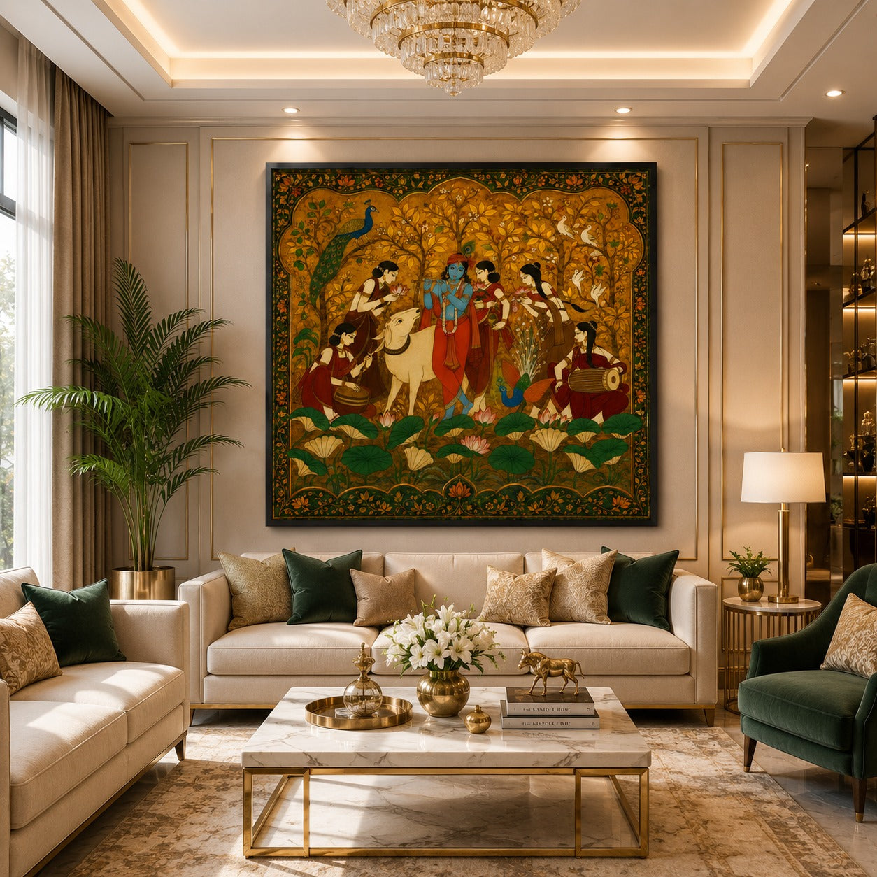 Traditional Radha Krishna canvas painting featuring Krishna playing flute with gopis, peacocks, lotus flowers, and intricate Indian heritage artwork displayed in a luxury living room.