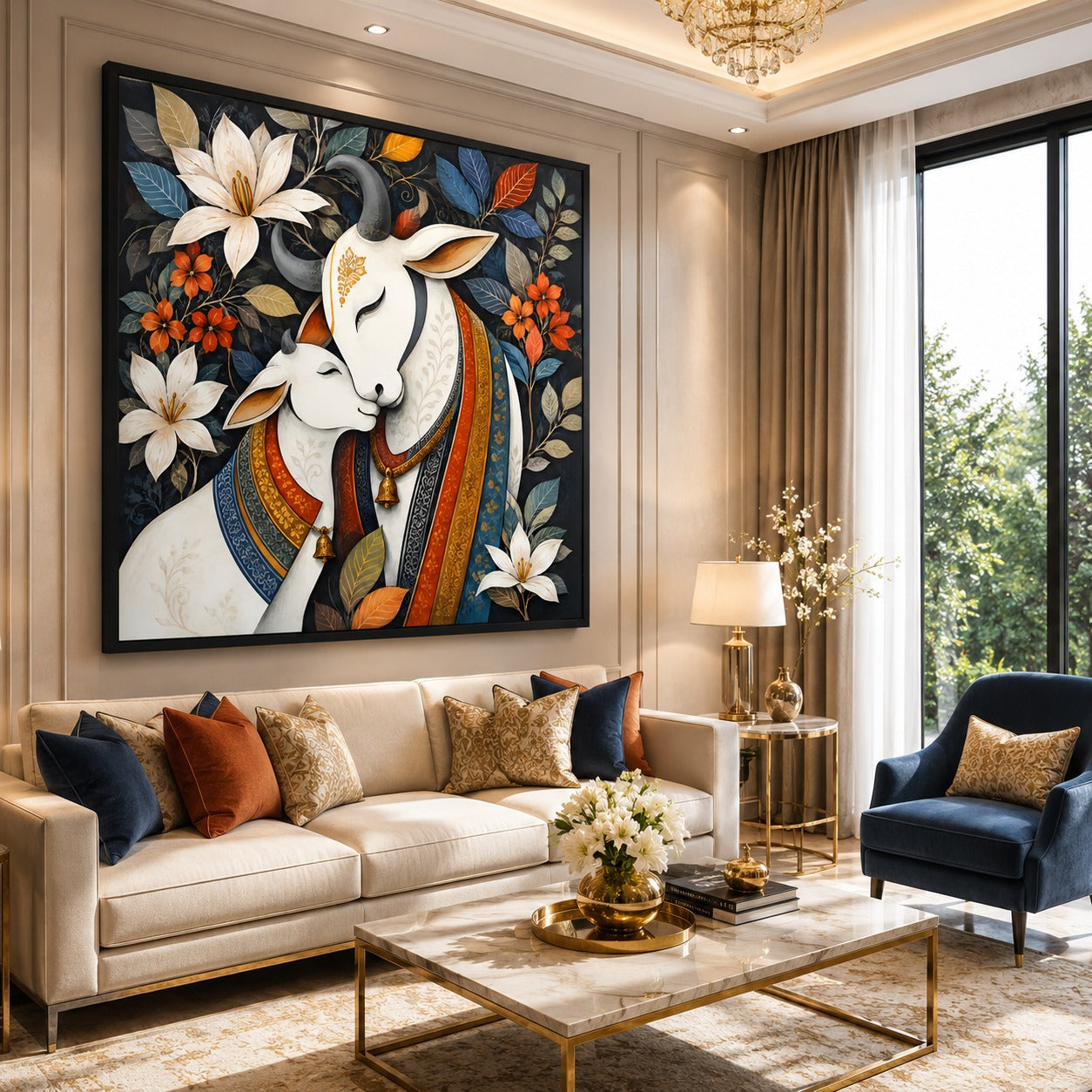 Divine Cow & Calf Floral Canvas Painting | Sacred Motherhood Wall Art | Premium Canvas Print for Living Room & Bedroom