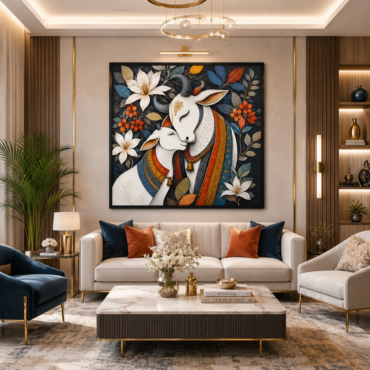 Divine white cow and calf floral canvas painting with decorative blue and gold accents, premium spiritual wall art for bedroom and living room decor.