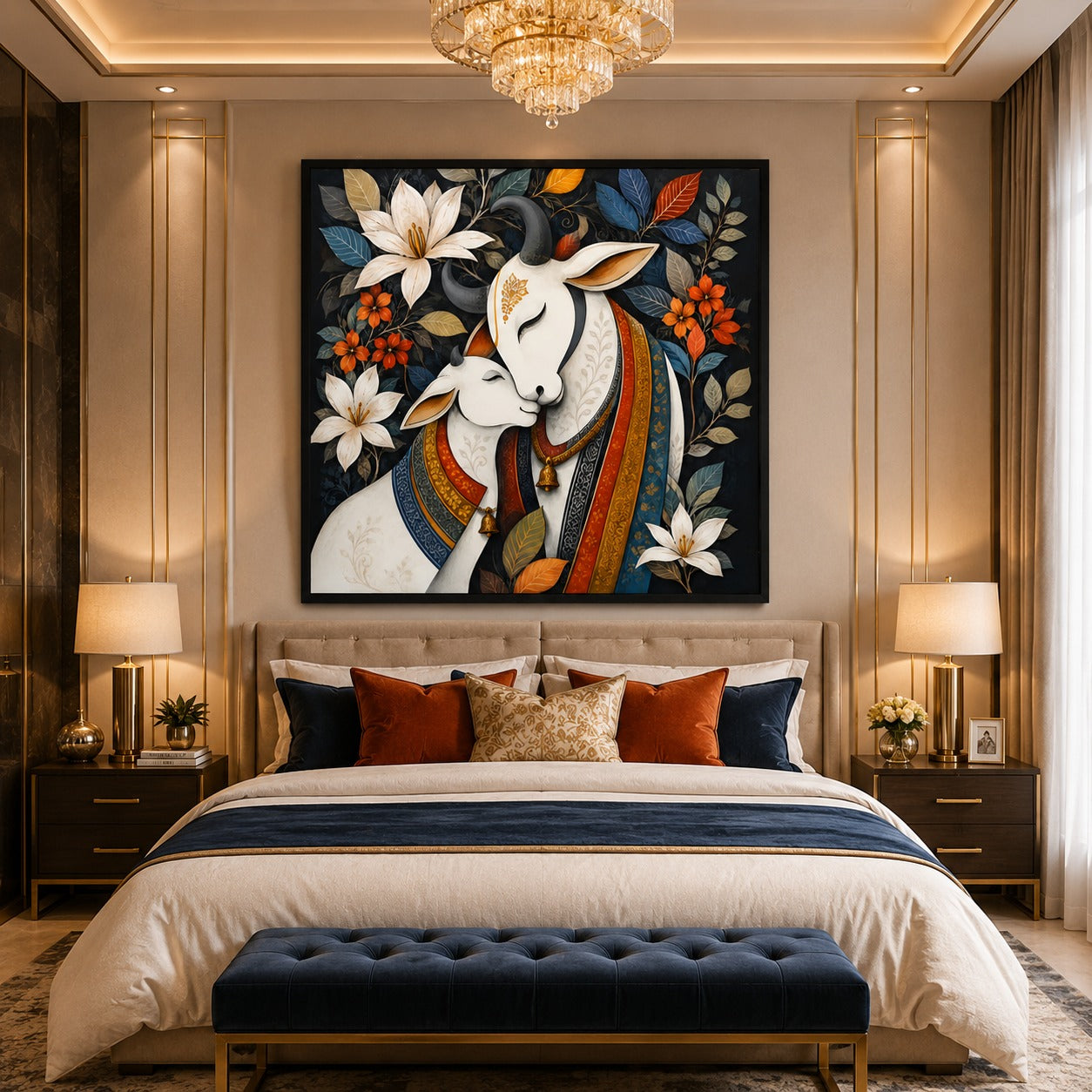 Divine Cow & Calf Floral Canvas Painting | Sacred Motherhood Wall Art | Premium Canvas Print for Living Room & Bedroom